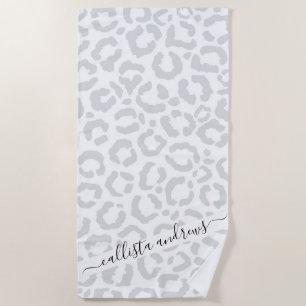 Elegant White Grey Leopard Cheetah Animal Print Beach Towel