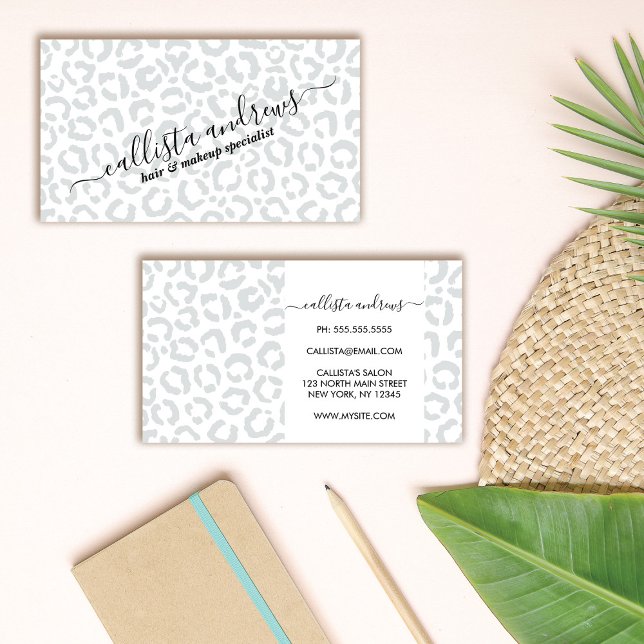 Elegant White Grey Leopard Cheetah Animal Print Business Card (Creator Uploaded)