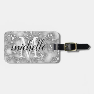 Elegant White Grey Marble Monogram Custom Luggage Tag