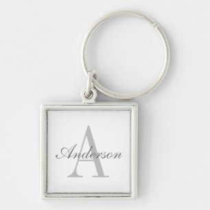Elegant White & Grey Monogram Key Ring