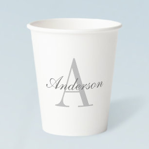 Elegant White & Grey Monogram Paper Cups