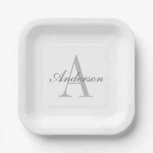 Elegant White & Grey Monogram Paper Plate