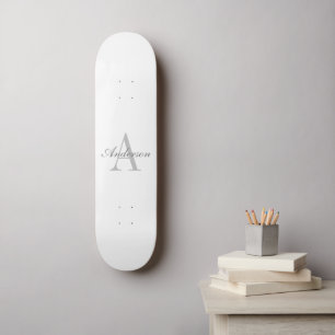 Elegant White & Grey Monogram Skateboard