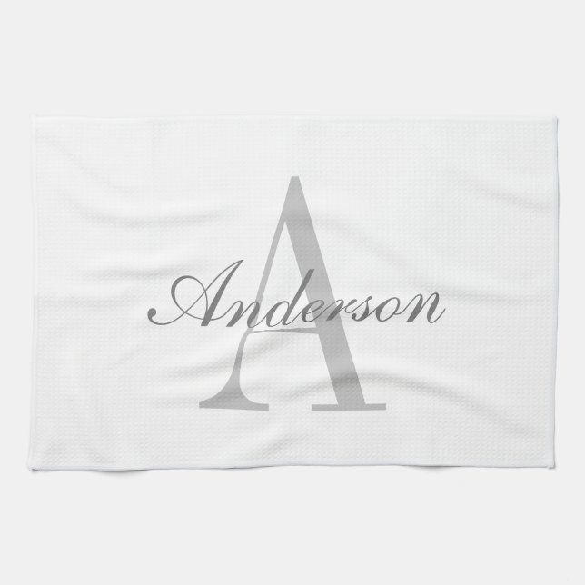 Elegant White & Grey Monogram Tea Towel (Horizontal)