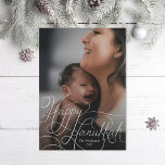 Elegant White Hand Lettered Happy Hanukkah Photo Holiday Card<br><div class="desc">Hand Lettered "Happy Hanukkah" over photo with optional patterned backer with text.  Add your own photo to the back if desired.</div>