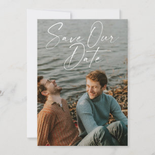 Elegant White Handwritten Script Photo Overlay Save The Date