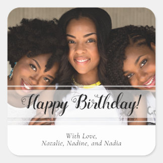 Elegant White Happy Birthday Custom Photo Square Sticker