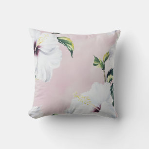 Elegant White Hibiscus on Soft Pink Background Cushion