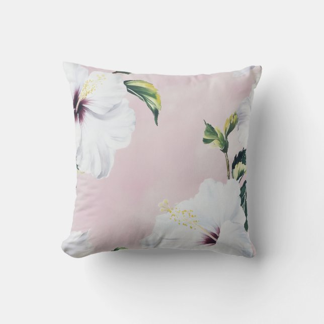 Elegant White Hibiscus on Soft Pink Background Cushion (Front)