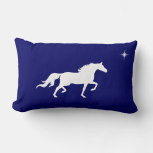 Elegant white horse and star on navy blue lumbar cushion