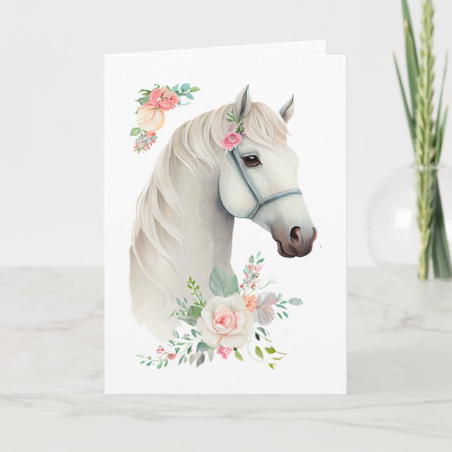 Elegant White Horse Boho Floral Birthday Card (Front)