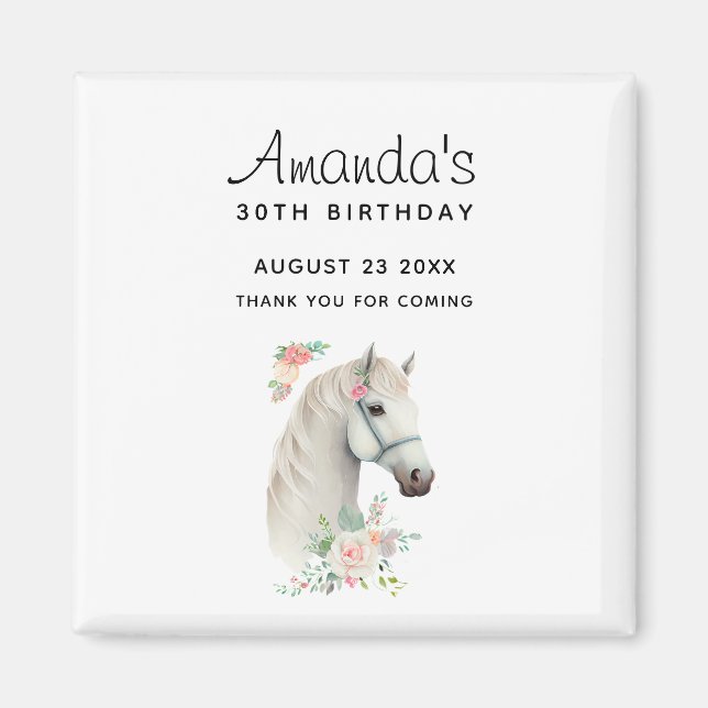 Elegant White Horse Boho Floral Birthday Thank You Magnet (Front)