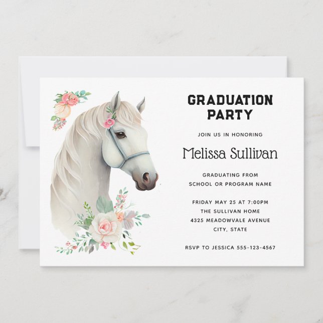 Elegant White Horse Boho Floral Graduation Invitation (Front)