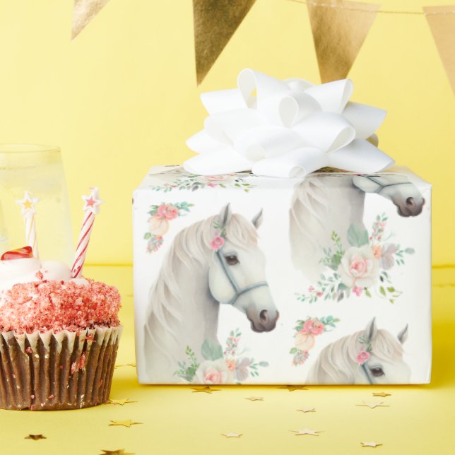 Elegant White Horse Boho Floral Pattern Wrapping Paper (Birthday Party)