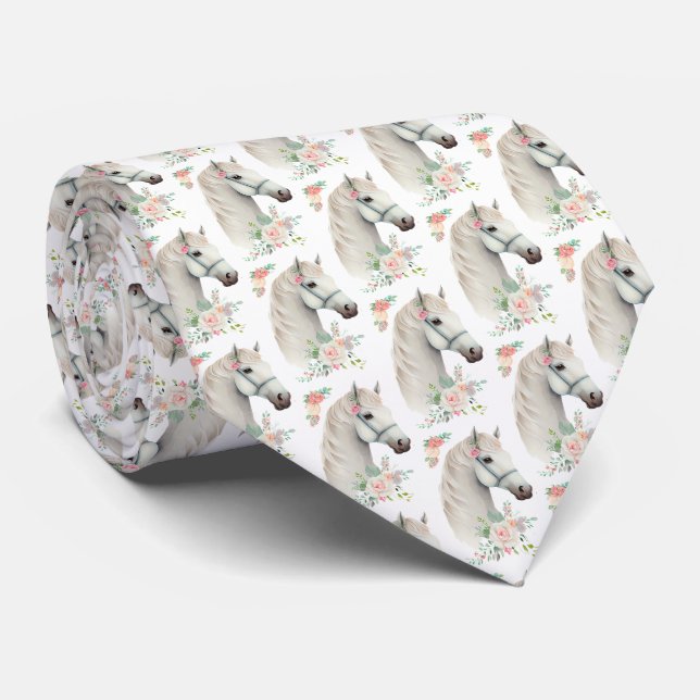 Elegant White Horse Boho Floral Patterned Tie (Rolled)