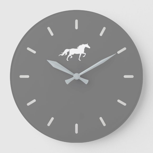 Elegant White Horse Silhouette on Grey Large Clock (Front)
