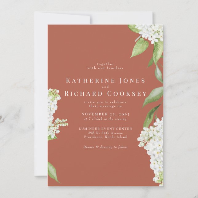 Elegant White Hydrangea Cinnamon Wedding Invitation (Front)