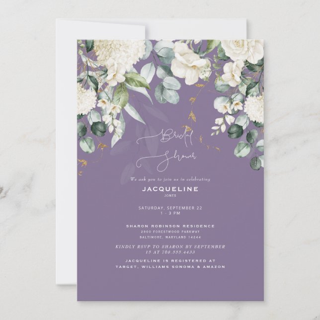 Elegant White Hydrangea Lavender Bridal Shower Invitation (Front)