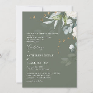 Elegant White Hydrangea Rich Sage Wedding Invitation