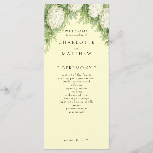 Elegant White Hydrangeas Yellow Wedding Program Menu (Front)