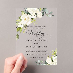 Elegant White Ivory Floral Wedding Acrylic Invitations
