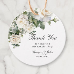 Elegant White Ivory Roses Floral Wedding Bridal Favour Tags
