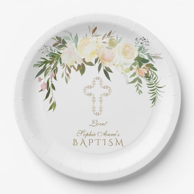 Elegant White Ivory Watercolour Floral Baptism Paper Plate (Front)