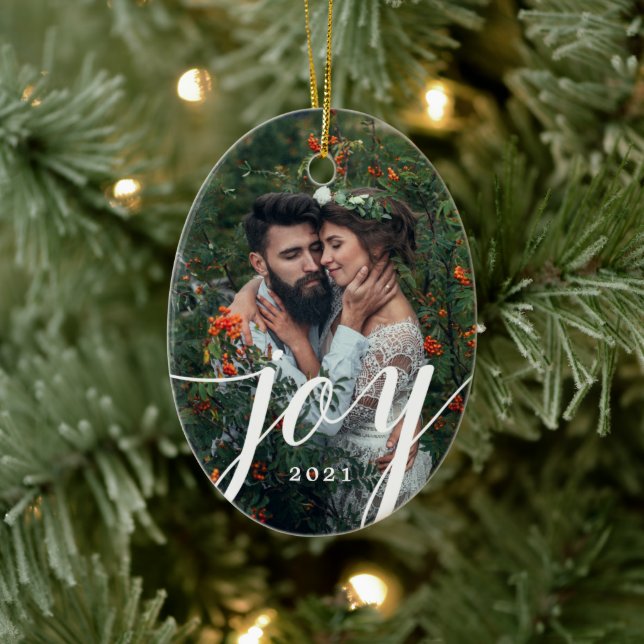 Elegant White Joy Script Photo Christmas Ceramic Tree Decoration (Tree)