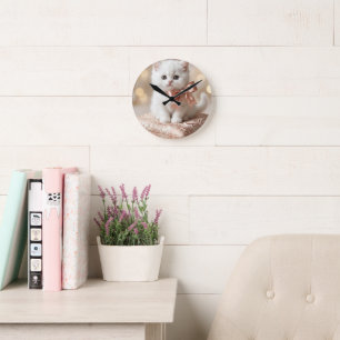 Elegant White Kitten Boutique Round Clock