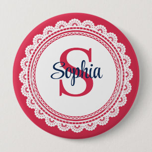Elegant White Lace and Red and Navy Initial 10 Cm Round Badge