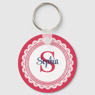 Elegant White Lace and Red and Navy Initial Key Ring