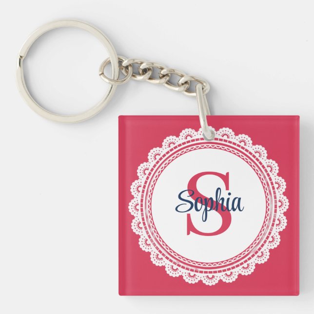 Elegant White Lace and Red and Navy Initial Key Ring (Front)