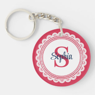 Elegant White Lace and Red and Navy Initial Key Ring