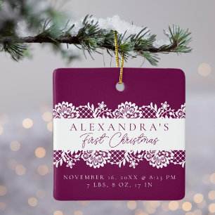 Elegant White Lace Baby's First Christmas Photo Ceramic Ornament