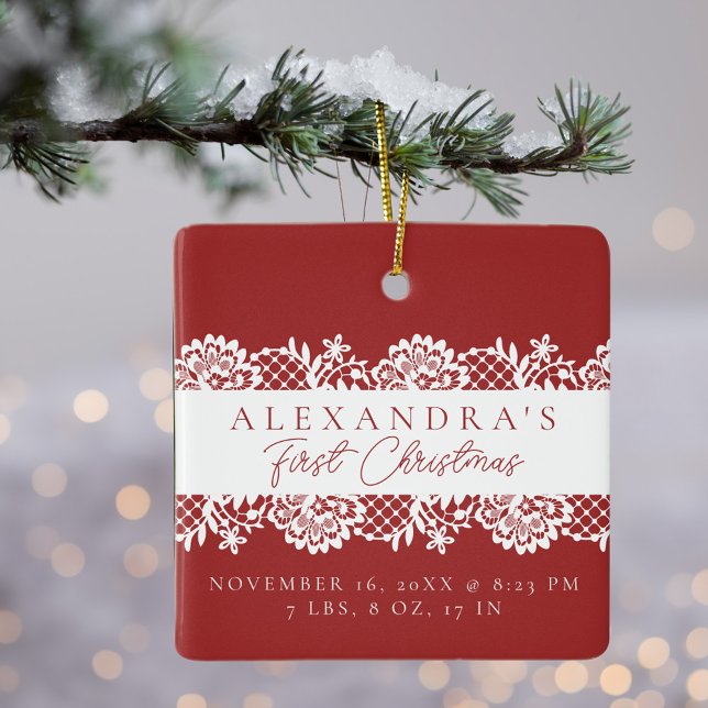 Elegant White Lace Baby's First Christmas Photo Ceramic Ornament (Elegant White Lace Baby's First Christmas Photo Ceramic Ornament)