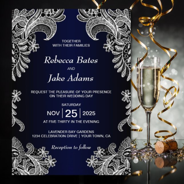 Elegant White Lace Blue Wedding Invitation (Creator Uploaded)