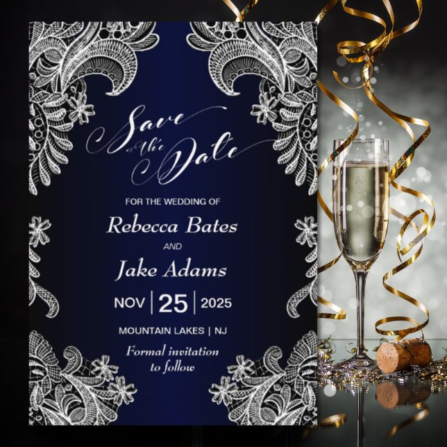 Elegant White Lace Blue Wedding Save The Date (Creator Uploaded)
