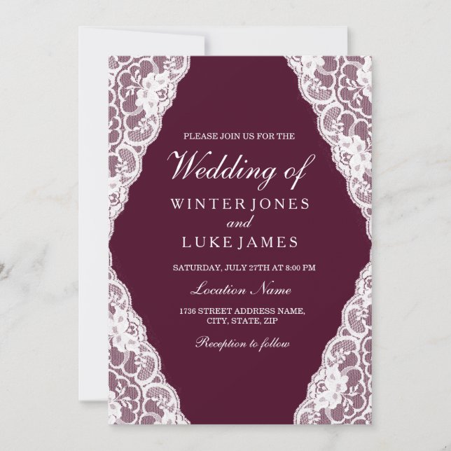 Elegant White Lace Burgundy Wedding Invite (Front)