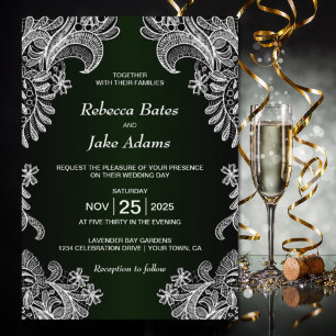 Elegant White Lace Green Wedding Invitation