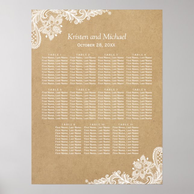 Elegant White Lace Kraft Wedding Seating Chart (Front)