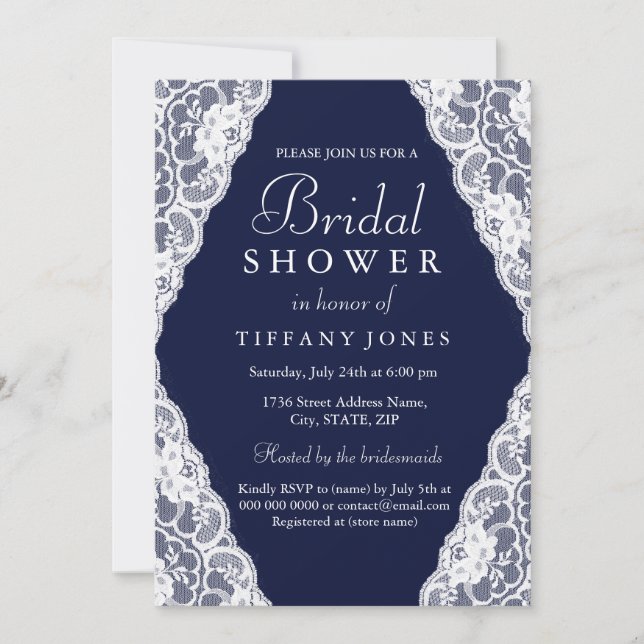 Elegant White Lace Navy Blue Bridal Shower Invite (Front)