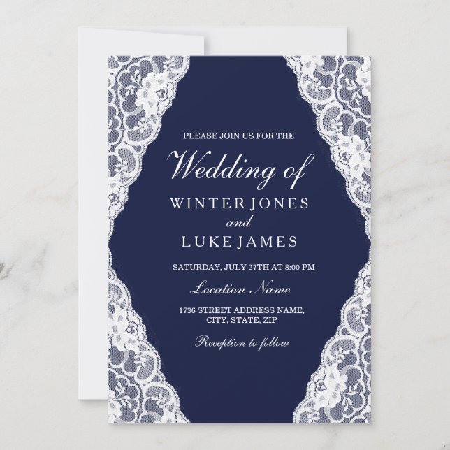 Elegant White Lace Navy Blue Wedding Invite (Front)