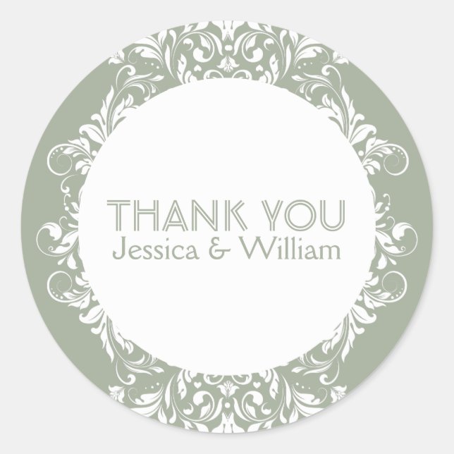 Elegant White Lace On Sage Green Classic Round Sticker (Front)