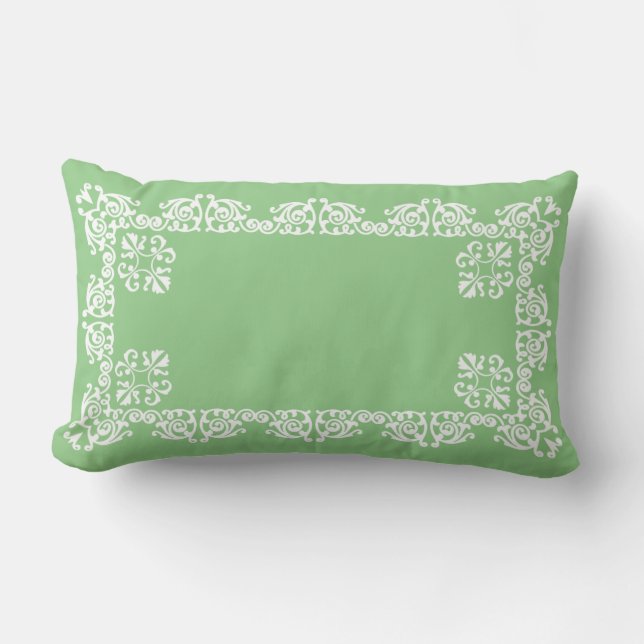 Elegant White Lace Vector on Light Green Lumbar Cushion (Front)