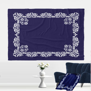 Elegant White Lace Vector on Navy Blue Fleece Blanket