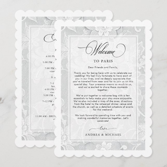 Elegant White Lace Wedding Welcome Itinerary Card (Front/Back)
