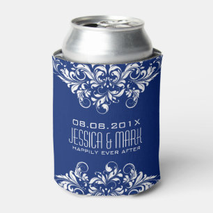 Elegant White Lace With Blue Background Can Cooler