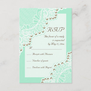 Elegant white lace with pearls mint wedding RSVP Card