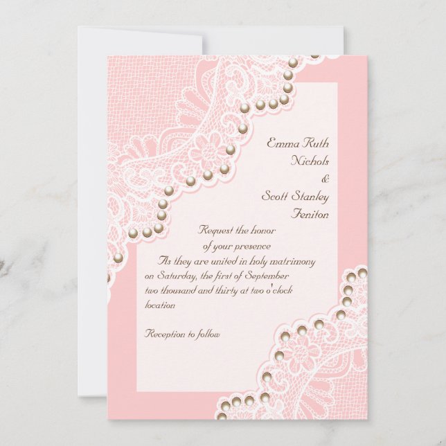 Elegant white lace with pearls pink wedding invitation (Front)