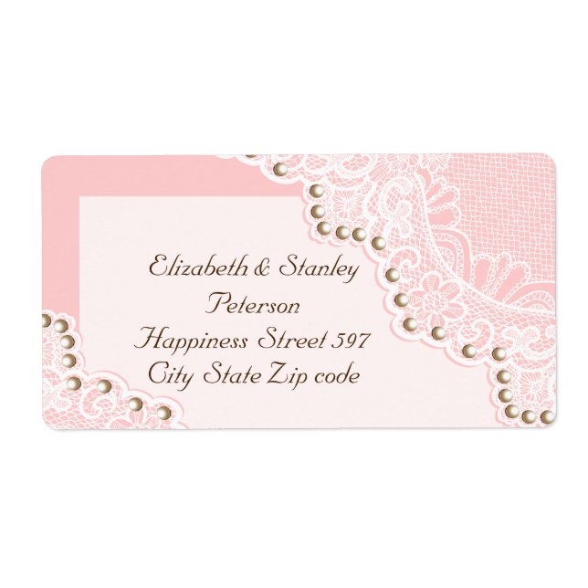 Elegant white lace with pearls pink wedding label (Front)